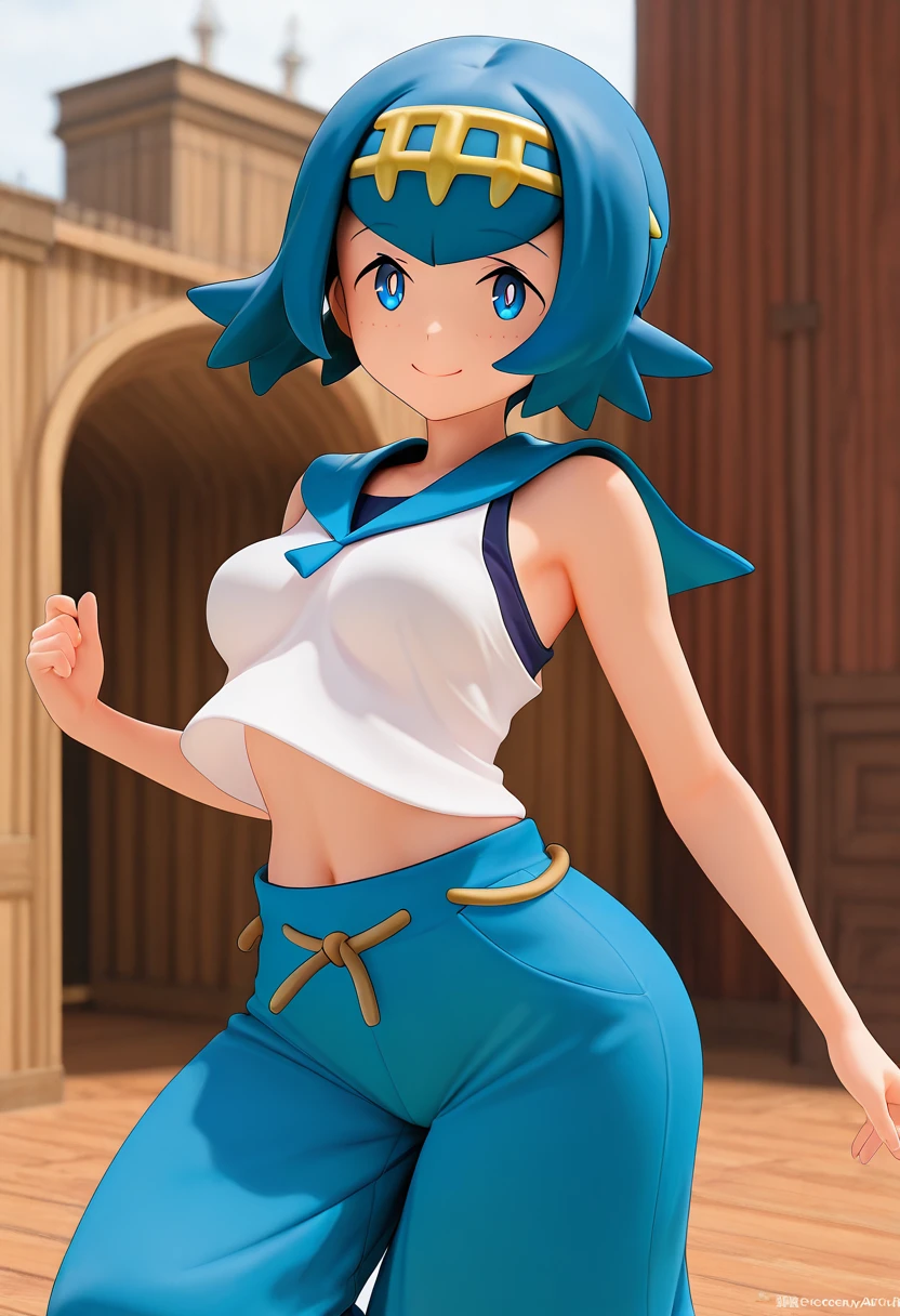 masterpiece, best quality, medium breasts, (curvy), BREAK, zzLana, yellow hairpiece, white shirt, sleeveless shirt, sailor collar, blue pants, baggy pants, <lora:LanaPokemonIXL_e06:1.0>smile, looking at viewer, cowboy shot, dynamic pose, wind, <lora:Anime3D33_IXL:1.0>,