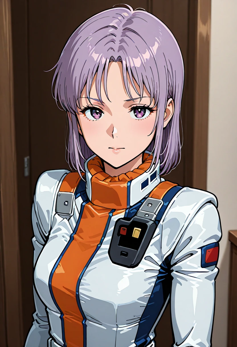 masterpiece, best quality, good quality, yurii ajissah, purple hair, medium hair, purple eyes, ((londobell pilotsuit)), white pilotsuit