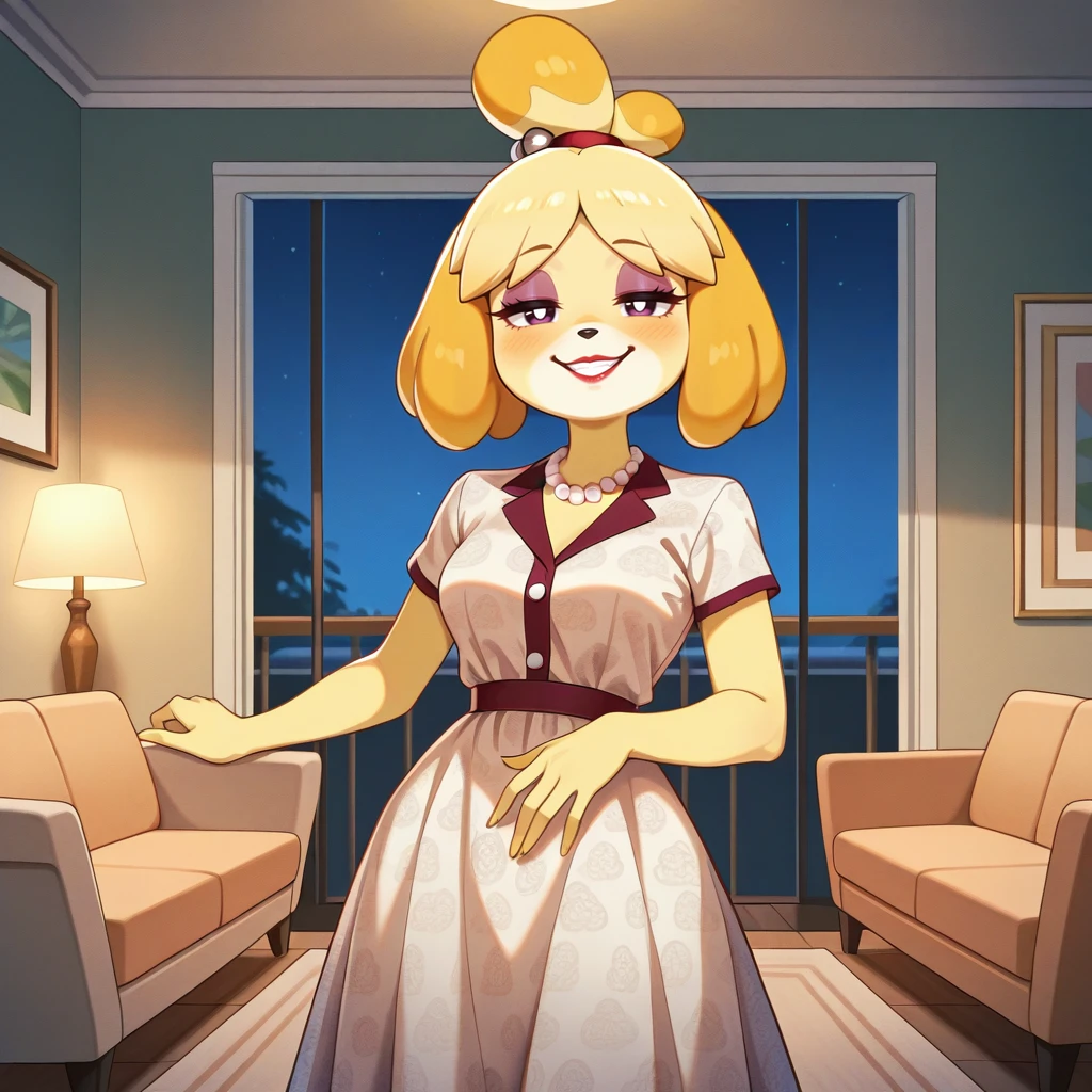 1girl, solo, cowboy shot, Isabelle Animal Crossing       <lora:50sHousewife-IL:0.7>50sHous3Wif3, dress, short sleeves, pearl necklace, jewelry, makeup, short hair, lipstick,indoors, night time, living room, half-lidded eyes, smile, smirk, lipstick, masterpiece, best quality, good quality, newest