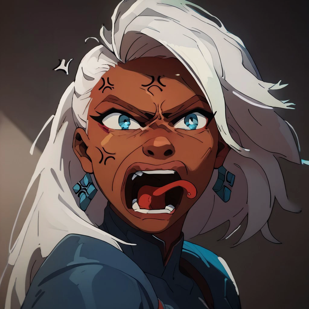 score_9, score_8_up, score_7_up masterpiece, best quality, newest, absurdres, highres, anime, anime style, REEEEEEEEEEEEE-V1.1, angry, scream, tongue, tongue out, open mouth, anger vein,
St0rm, 1girl, dark-skinned female, white hair, blue eyes