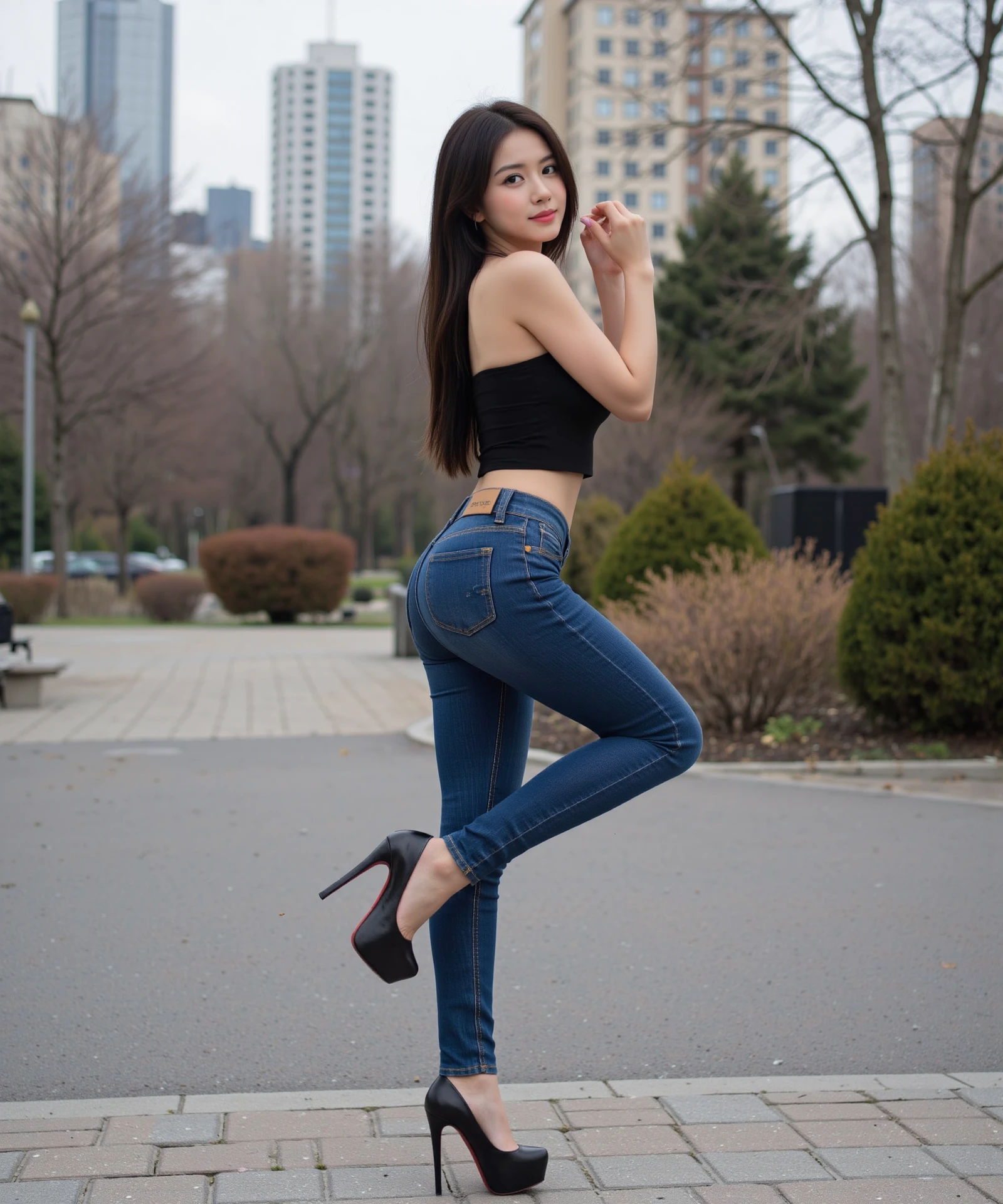 The image, likely taken from a smartphone, features a caucassian young girl outdoors in a outdoors yet stylish environment. The girl has a beautiful face. She is dressed in tight jeans, and a basic strapless black crop top. Her figure is slim, and petite, her legs are long.
She pairs her outfit with black high heels called daffs, adding a touch of sophistication to her outfit. She has long hair.
The girl is tilting her head towards the viewer. The photo is taken from behind her, showing her whole body to the viewer. She is standing in one leg, while showing with the other leg the red-bottom part of her heels.
The background suggests an urban setting, likely at a city park. Alongside the trees and bushes some tall buildings are visible, hinting at a cold climate. The overall vibe is polished, modern, and confident.
