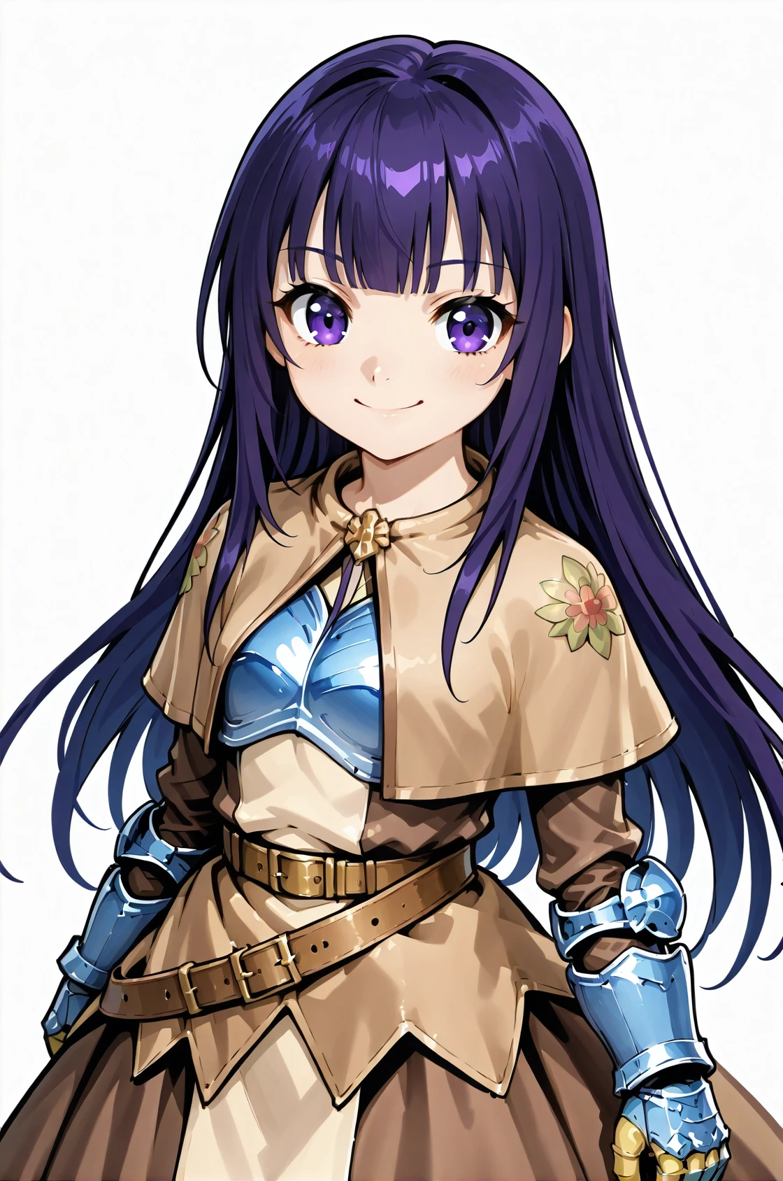 swdro, breastplate, brown capelet, dress, belt, armored gloves, long skirt, brown skirt, gauntlet, yellow gloves, frills, looking at viewer, purple hair, purple eye, long straight hair, standing, upper body, smile,
white background,
<lora:swordROIllustV5.0:1>