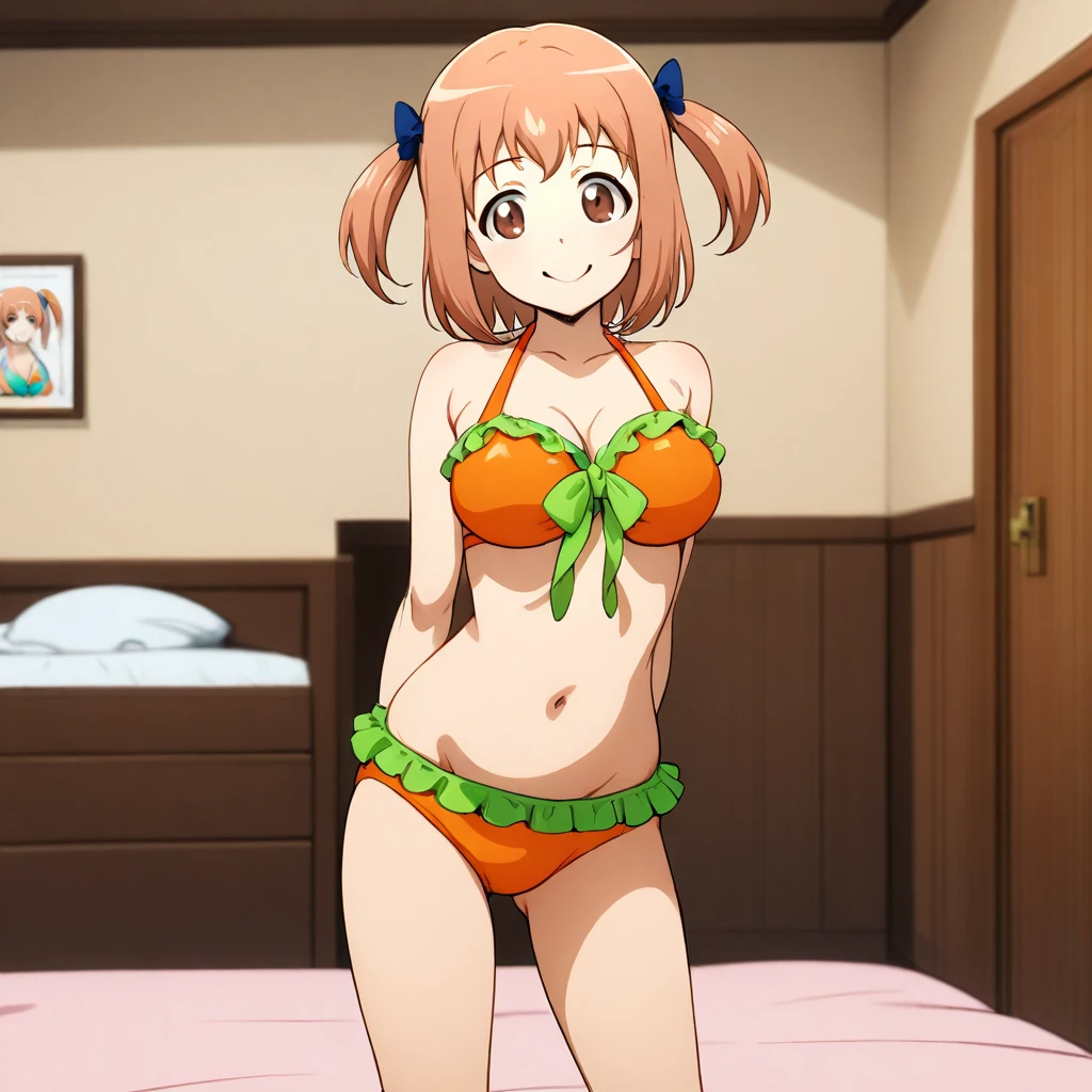 (masterpiece, 4K, Highest quality, anime style: 1.9, Detailed face, Lovely, Bold Line, High resolution,Ocean,bold, High resolution, anime, Lake 4,alone, Curvaceous, Small breasts,Very slim belly, Cowboy Shot,(Pink slingshot bikini),1 girl,Nagisa Furukawa,(blush,Embarrassed face),Outdoor,Place your hands behind your head