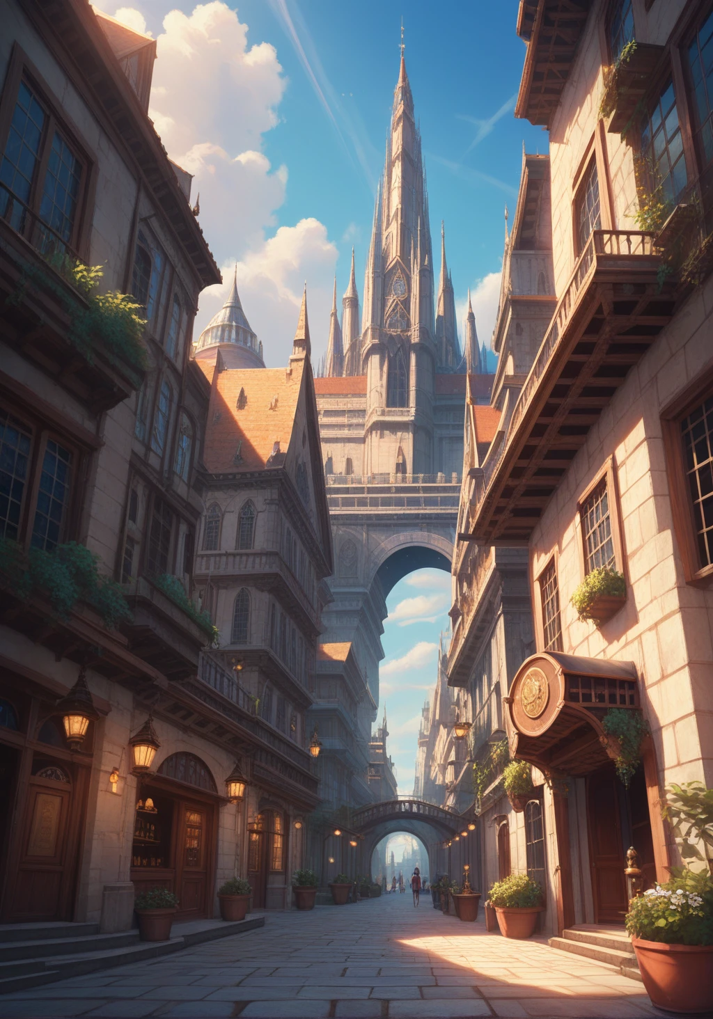 score_9, score_8_up, score_7_up, detailed. Ethereal, digital art depicting a stunning, ancient city with towering spires and intricate archways. The scene is bathed in a warm, golden light, casting long shadows across the cobblestone streets. A majestic dragon soars through the sky, its scales glinting in the sunlight. The architecture is detailed and ornate, with a sense of grandeur and mystery, while the dreamlike atmosphere transports the viewer to a magical, otherworldly realm.