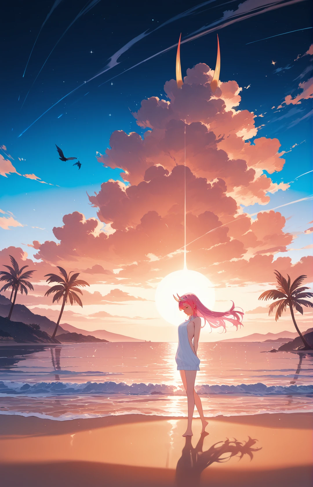 ZeroTwoCYQL,1girl,solo,pink hair,long hair,bangs,horns,hairband,white hairband,green eyes,virgin killer sweater, sideboob, (sleeveless:1.2), cleavage_cutout,
BREAK
frustrated,looking_down,
BREAK
tree,scenery,sky,sunset,cloud,outdoors,palmtree,ocean,horizon,sun,lensflare,water,beach,star(sky),standing,island,wideshot,starrysky,verywideshot,sunlight,sunrise,cloudysky,night,instrument,reflection,backlighting,silhouette,twilight,floatinghair,shore,blurry,fantasy,nightsky,bluesky,summer,gradientsky,depthoffield,nature,evening,moon,bluetheme,wind,lightparticles,sand,dusk,shadow,landscape,bird,orangesky,dutchangle,lake,light,day,forest,monochrome,cloak,dark,baretree,mountainoushorizon,hill,
BREAK
<lora:ponyv5_noobV065S_1_adamW-000013:0.7>,<lora:wl-illV1-000017:0.7>,<lora:zzziGnXL_il_lokr_V531:0.5>,<lora:USNR STYLE_XL_loha:0.45>,usnr,,<lora:ZeroTwoCYQL:1>,
perfect quality,high quality,masterpiece,best quality,amazing quality,very aesthetic,absurdres,newest,