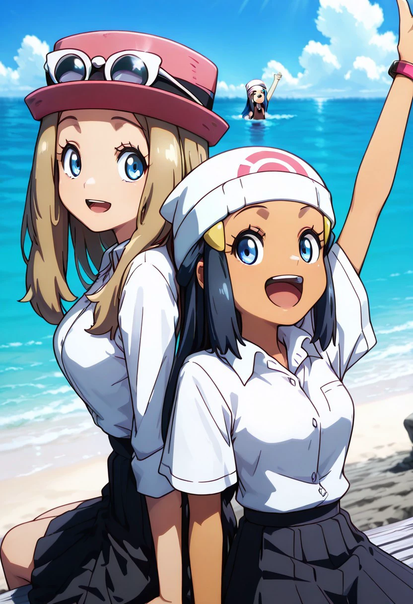 masterpiece, best quality, vivid color, long hair, looking at viewer, smile, open mouth, multiple girls, skirt, shirt, 2girls, sitting, school uniform, white shirt, :d, pleated skirt, outdoors, sky, day, dark skin, black skirt, arm up, ocean, beach,
zzDawn, blue hair, blue eyes, sidelocks, long hair, white beanie,
zzSerena, solo, long hair, blue eyes, eyewear on headwear, pink headwear,