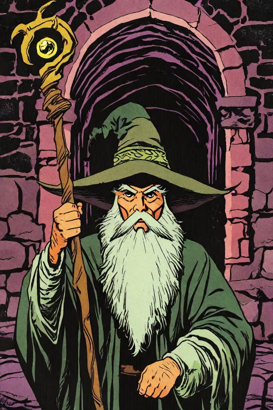 wizard, old man, beard, staff, hat, dungeon, inside a dungeon, 1boy, solo, alone, upper body, <lora:retro_comic_fantasy_illustriousXL-000019:0.8>, retro, comic, fantasy, masterpiece, highres