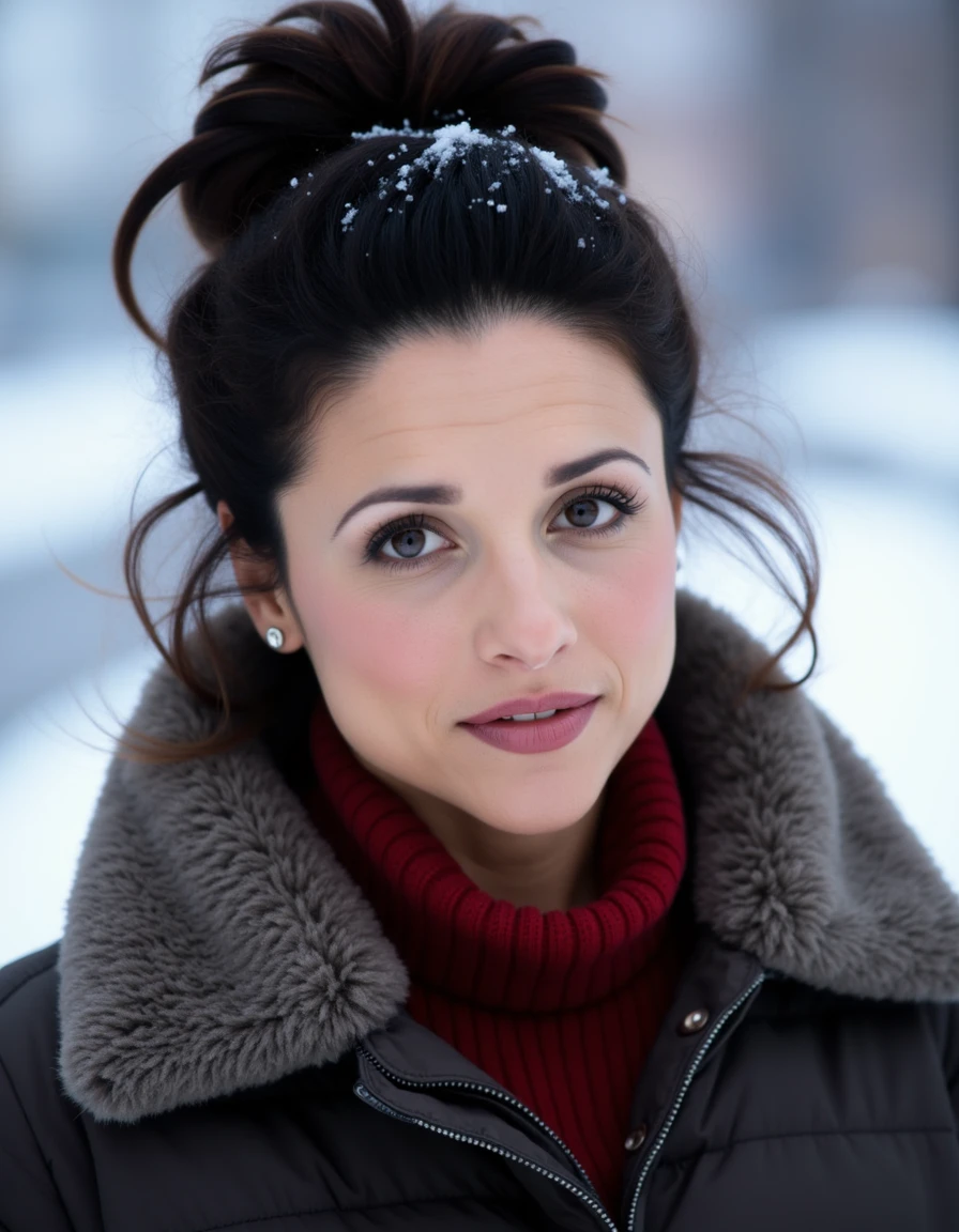 8k hdr. <lora:julialouisdreyfusflux1a-000001:1> Her dark brown hair is styled in a neat, elegant updo with a few loose strands framing her face. She has a light complexion wearing winter clothes thick jacket, sweater and scarf, snow is accumulating on her hair, shoulders and clothes, Dynamic pose, at Dawn,