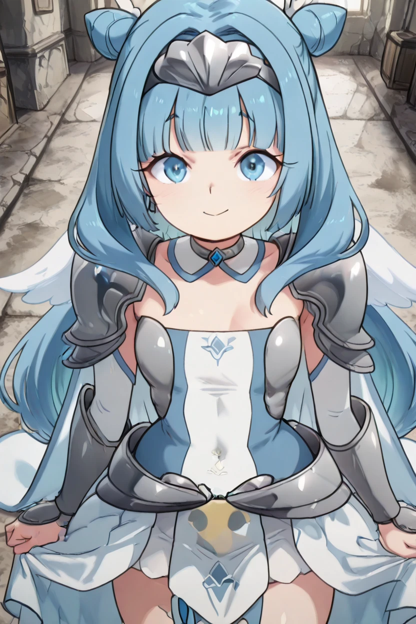 masterpiece, best quality, solo, curvy, beautiful eyes, zzSylphy, blue eyes, blue hair, long hair, blunt bangs, double bun, hair intakes, armor, shoulder armor, pauldrons, hair bun, breastplate, dress, <lora:SylphyMobKaraIXL:1.0>, from above, dynamic pose, cowboy shot, smile, looking at viewer, shiny skin,<lora:TobiaswhellerIXL_v2:1.0>,
