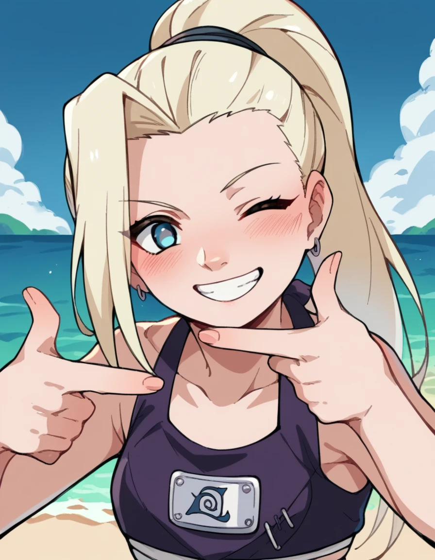 score_9, score_8_up, score_7_up, source_anime, <lora:ino-yamanaka-s1-ponyxl-lora-nochekaiser:1>, ino yamanaka, long hair, blonde hair, ponytail, high ponytail, blue eyes,, <lora:finger-frame-ponyxl-lora-nochekaiser:1>, finger frame, hands up,, one eye closed, smile, teeth, beach, bikini, swimsuit, looking at viewer, blush,,