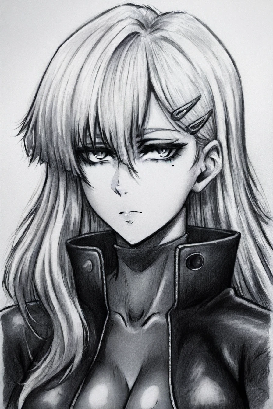 fuurinji miu, white hair, long hair, mole under right eyes, slim waist, large breast, jacket, bodysuit, hairclip, <lora:drawing_style_illustriousXL:1>, drawing_style, monochrome, greyscale, portrait, masterpiece, highres