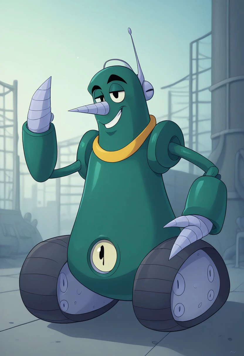 score_9, score_8_up, score_7_up, (best quality), ultra-detailed, high resolution, 8k, Grounder, robot, teal metal skin, pointy nose, antenna, drill hands, factory, BREAK outside, Rich, Detailed background, ambient light