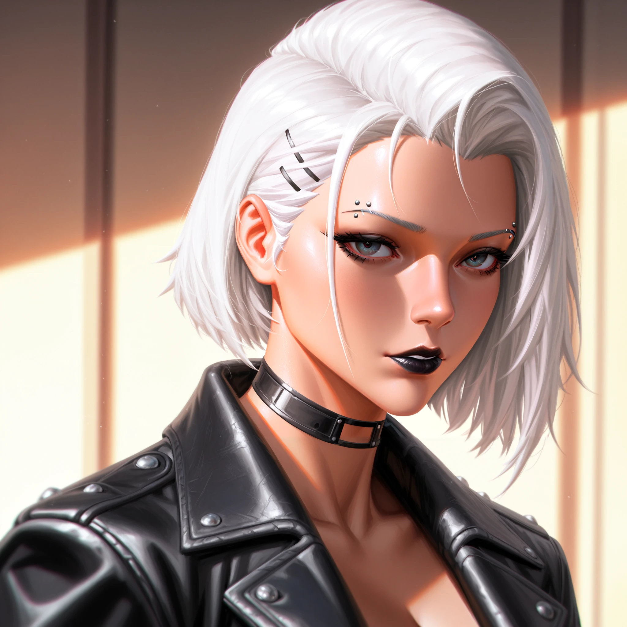 ((masterpiece:1.5)), ((best quality:1.5)), HDR, anime - style portrait of a woman with white hair and a black leather jacket, artwork in the style of guweiz, anime styled digital art, digital cyberpunk anime art, anime style 4 k, realistic anime artstyle, girl with short white hair, anime style. 8k, badass anime 8 k, anime style portrait, realistic artstyle, anime realism style, black lipstick, black makeup, eyebrow piercing, black streak in hair.