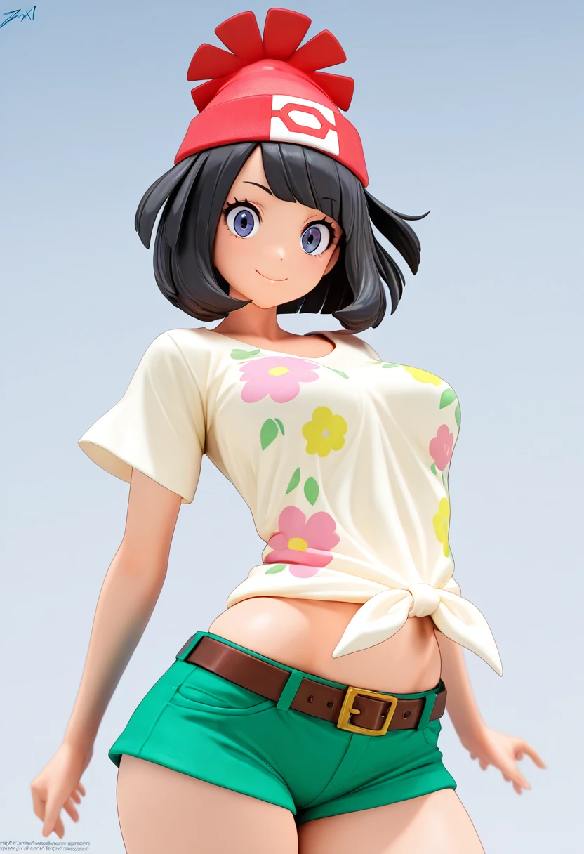masterpiece, best quality, medium breasts, (curvy), BREAK, zzSelene, 1girl, solo, black hair, green shorts, red headwear, beanie, shirt, tied shirt, floral print, short hair, short sleeves, short shorts, striped, white shirt, belt, <lora:SeleneIXL:1.0>,smile, looking at viewer, cowboy shot, dynamic pose, wind, <lora:Anime3D33_IXL:1.0>,
