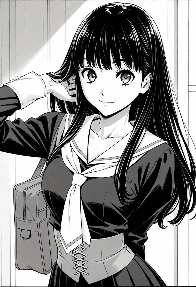 score_9, score_8_up, score_7_up, source_anime,(extremely detailed CG), (best quality),aoyagi,monochrome, greyscale,
1girl,school uniform, long hair, skirt, serafuku, bag, smile, looking at viewer, pleated skirt, bangs,from front,upper body,looking at viewer,looking at viewer,