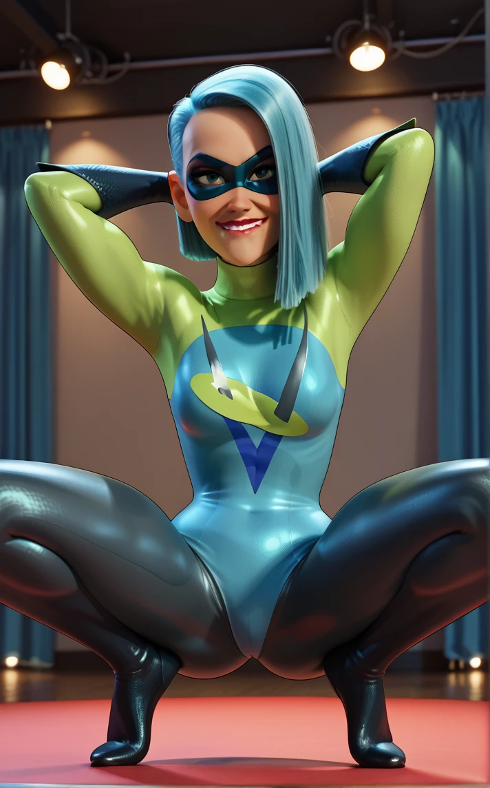 score_9, score_8_up, score_7_up, absurdres,full body, squatting, tiptoes, spread legs, arms behind head, biting own lip, stage, stage lights, stage curtains, money, falling money, indoors, depth of field, solo, <lora:PONYXL_Incredibles2_Voyd_ownwaifu:0.9>, BREAK MainOutfit_Voyd_ownwaifu, 1girl, aqua hair, green eyes, asymmetrical hair, blue hair, hair over one eye, domino mask, elbow gloves, eye mask, blue bodysuit, green bodysuit, green gloves, green legwear, green mask, logo, medium hair, superhero, superhero costume, two-tone bodysuit, lipstick, makeup, red lips, medium breasts, skin tight, turtleneck, multicolored bodysuit, nose, thick thighs, yellow skin, 3d, <lora:add-detail-xl:0.15>,