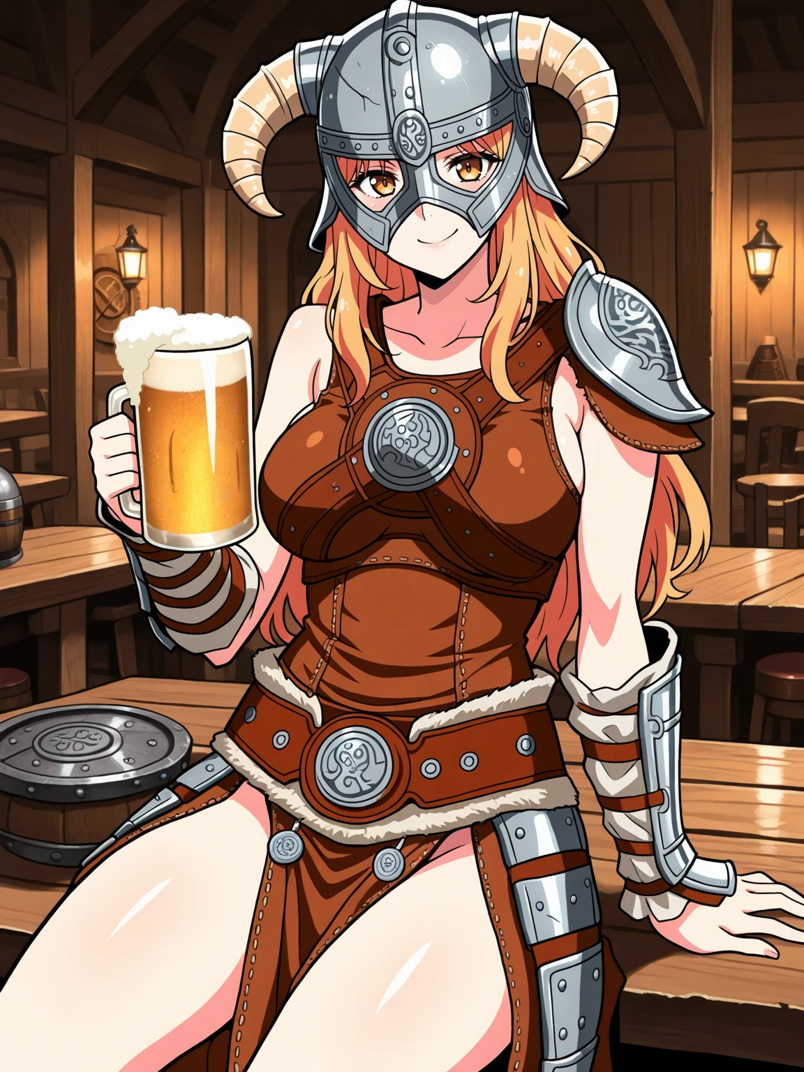 1girl,solo,yellow eyes,red hair, orc,orc girl,colored skin,green skin,huge breasts,crown,sitting, throne, ,armor, breastsplate,eyepatch, smirk,closed mouth, muscular female,cum mug,cum in glass,cum in mouth