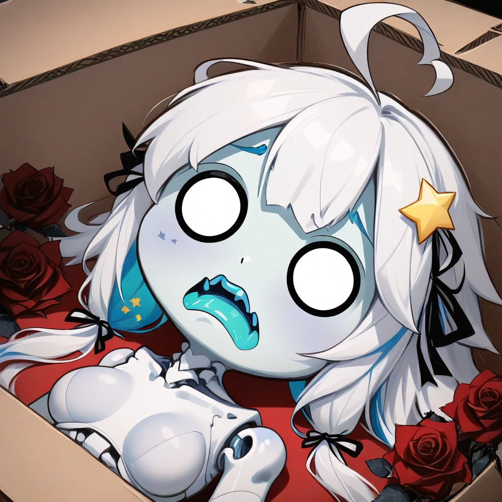 frown, star (symbol), heart, lying, rose, hair ribbon, multicolored hair, o o, medium breasts, ahoge, cardboard box, doll joints, joints, colored tongue