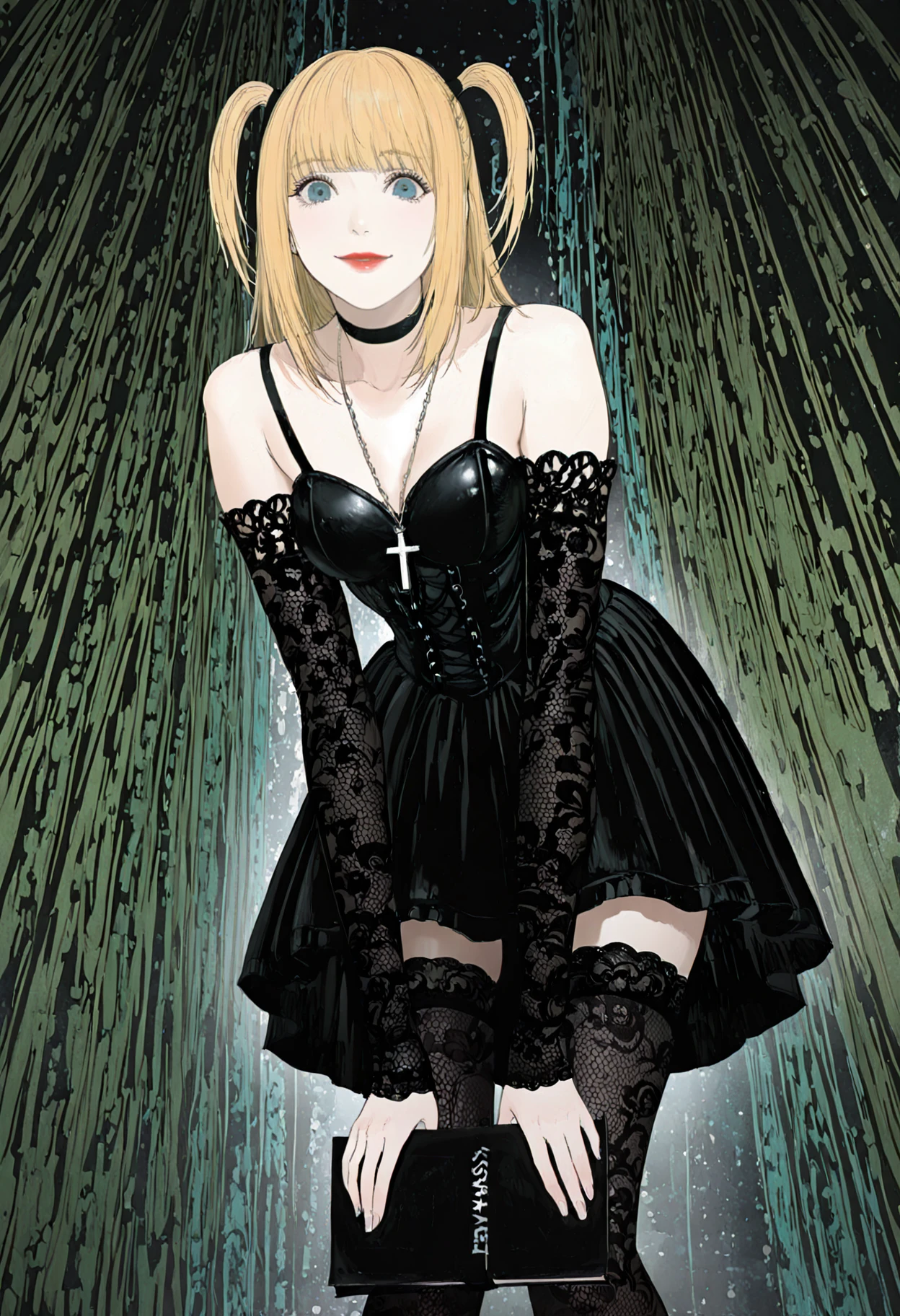 masterpiece, best quality, amazing quality, very aesthetic, absurdres, newest, 1girl, abstract backgroud, surreal background,
<lora:mon_monmon2133:0.8>
<lora:misa_amane_illustr3:1> aman3_m15a, blonde hair, blue eyes, bangs, long hair, two side up, lips, red lips, straight hair, short hair, twintails, black choker, cross necklace, gothic, black dress, black thighhighs, lace thighhighs, lace-trimmed thighhighs, black lace thighhighs, black detached sleeves, black lace detached sleeves, lace sleeves, lace-trimmed detached sleeves,
smile, looking at viewer, bent forward, presenting black textbook, holding black textbook, standing, from below, view from below,