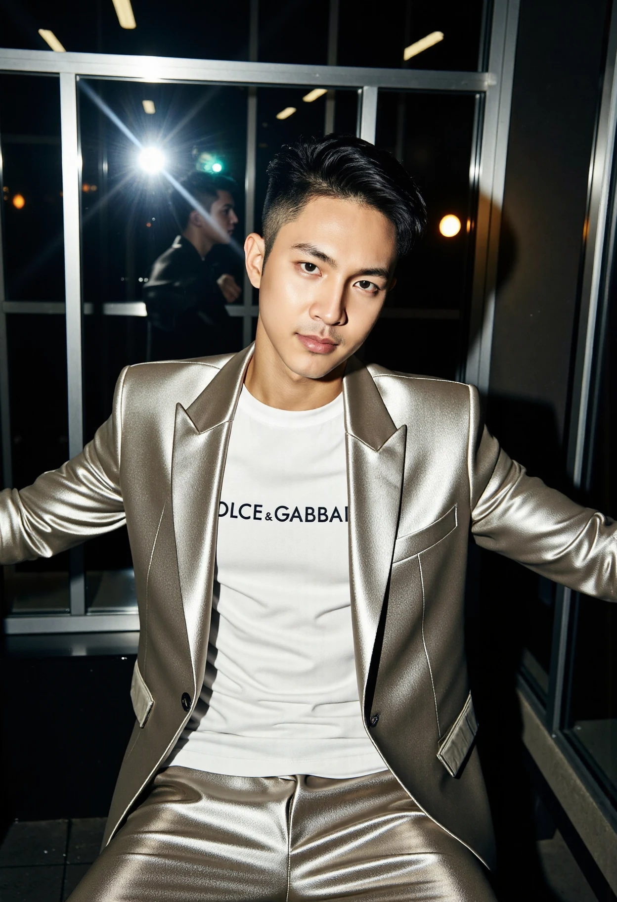 aws_1, XUER photographic film. Fashion photoshoot. Headshot of Gunn Nakarin, a handsome young Thai male fitness model. He is in an elegant Bangkok nightclub of glass and steel, modelling a "Dolce & Gabbana" branded platinum lame tailored suit over a simple white t-shirt. His skin is and smooth and dark tan. He is looking directly at the viewer, engaging them with a boyish charm. His black hair is short and glossy, perfectly styled. His boyish charm and sex appeal are palpable. The viewer cannot help but be drawn in by his powerful sensuality. The club is dark and dimly-lit. Multiple directional spotlights cast light and shadow that highlight his chiseled features and muscles, giving the image depth. Light reflections on glass.