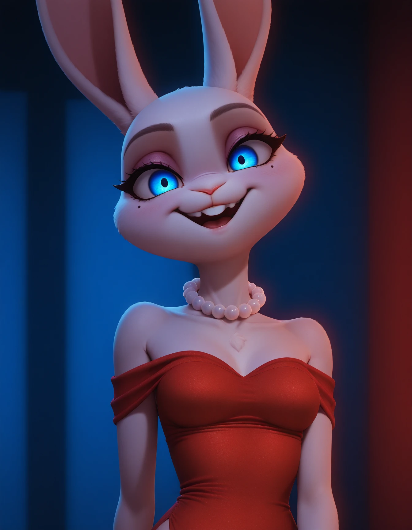 masterpiece, best quality, solo, 3D
rabb1t-l1arsb4r, anthro, rabbit, blue eyes, red dress, bare shoulders, facial mole, one thigh-high slit, white fur, flared dress, white beads around the neck, (dim lighting:1.2),(chiaroscuro:1.2),(blue theme:1.3),upper body,background and red background,(hand on own face:0.6),(head tilt:1.2),yandere,cinematic lighting,close-up,sidelighting, open mouth
<lora:rabb1t-l1arsb4r_il:0.9>