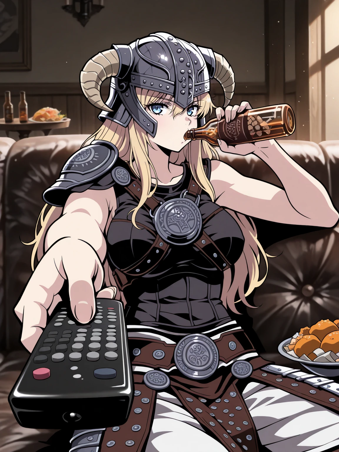 Masterpiece,best quality, vector art,
edgFusRoDah_armor,horned helmet, 1girl,solo,large breasts, armor, horned helmet ,wearing edgFusRoDah_armor
<lora:edgFusRoDahILS-000003:1>
sitting, holding bottle, holding remote control, controller, on couch, drinking, looking at viewer, food
<lora:ManWatchingTVMeme_illusXLNoobAI_Incrs_v1:1>