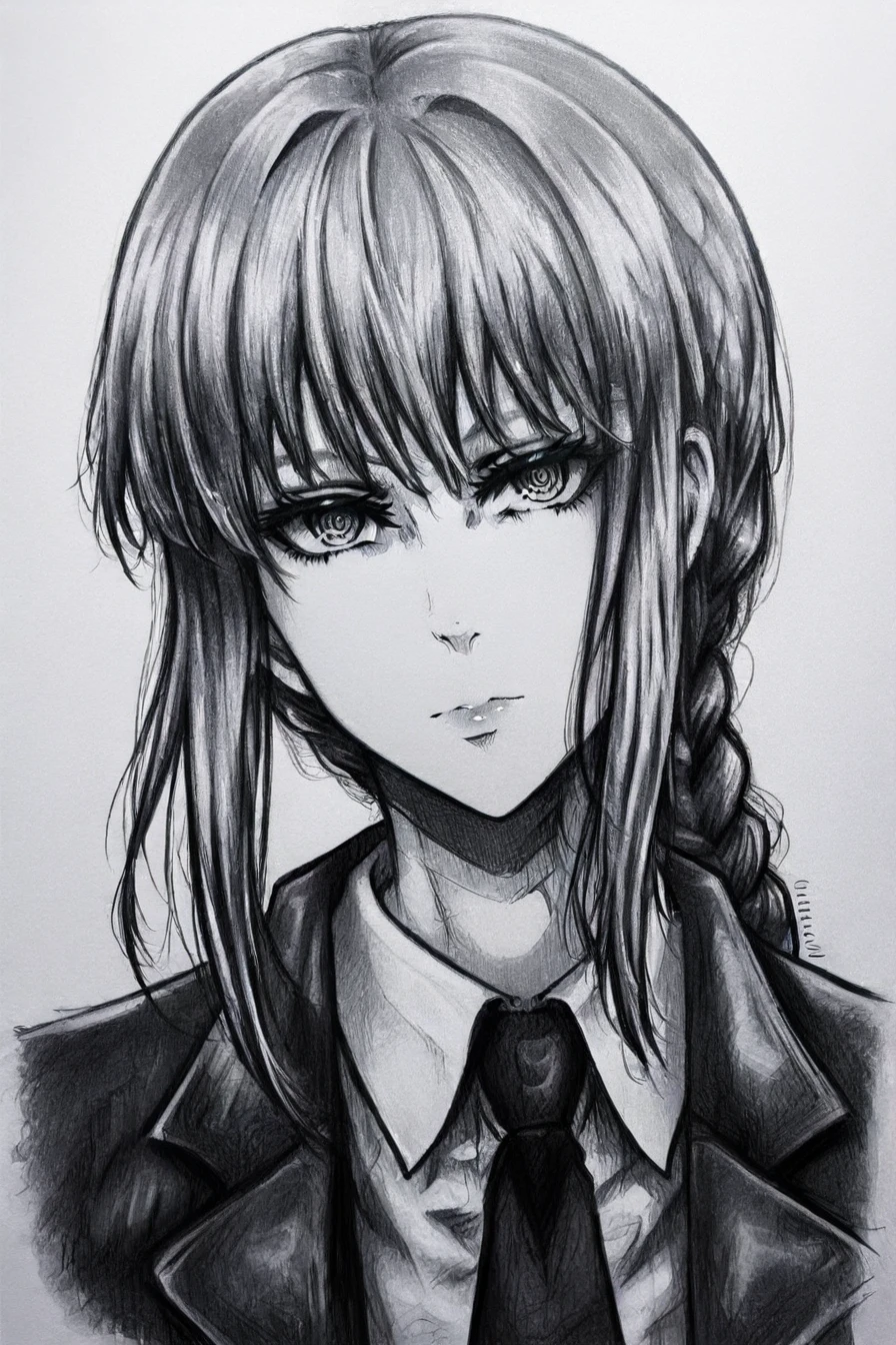 makima, long hair, ringed eyes, braid, white collared shirt, black necktie, black pants, 1girl, solo, alone, <lora:drawing_style_illustriousXL:1>, drawing_style, monochrome, greyscale, portrait, masterpiece, highres
