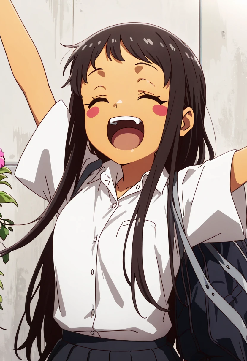 masterpiece, best quality, solo, zzHinaKyan, long hair, smile, open mouth, skirt, shirt, black hair, school uniform, closed eyes, white shirt, flower, short sleeves, :d, pleated skirt, small breasts, teeth, collared shirt, dark skin, black skirt, bag, arm up, dark-skinned female, blush stickers, school bag, shirt tucked in, <lora:OkitsuraStyleIXL:1.0>,