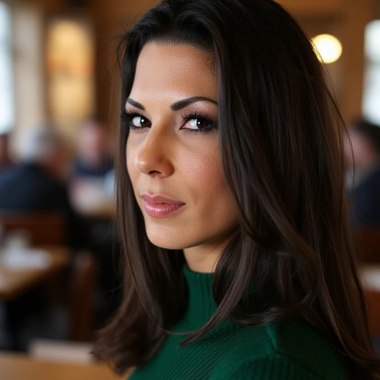 woman side profile, in a busy cafe, wearing green sweater. Capture this image using a high-resolution digital SLR camera with a wide aperture (f/1.8 to f/2.8). Set the ISO between 800-1600 to balance performance with minimal noise. Focus on ultra-sharp facial details, rendering each pore, fine tan lines, and subtle skin variation with meticulous precision. Capture individual strands of hair with distinct clarity, including flyaways and the subtle sheen of her gloss. Render the eyes with exceptional detail, showcasing the reflection of light, and the moisture on the surface.