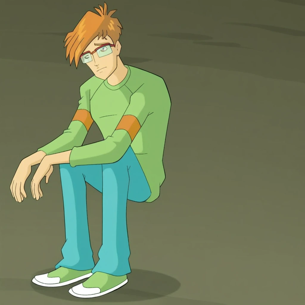 shaggy rogers, tank top, relaxed, outside, standing, bushes, bottomless, legs together, long penis, eyes looking down,, tree, shade, blue sky, wardrobe malfunction, thong splitting at seams, shoes, no clone, thong on ground, loose threads