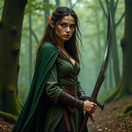 MurphFSF, Beautiful elf woman warrior holding a sword, woods background