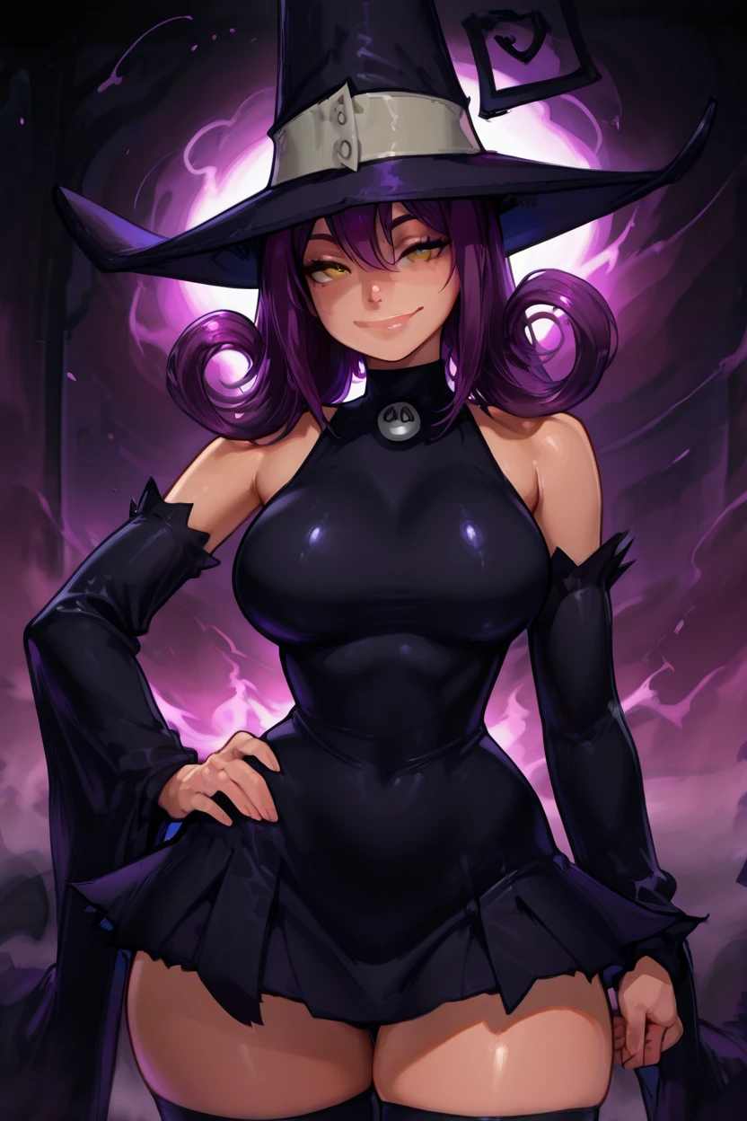 masterpiece, best quality, solo, curvy, beautiful eyes, zzBlair, 1girl, solo, yellow eyes, purple hair, witch hat, witch, detached sleeves, black short dress, thighhighs, <lora:BlairSoulEaterSDIXL:1.0>, cowboy shot, hand on hip, smug, smile, looking at viewer, shiny skin,