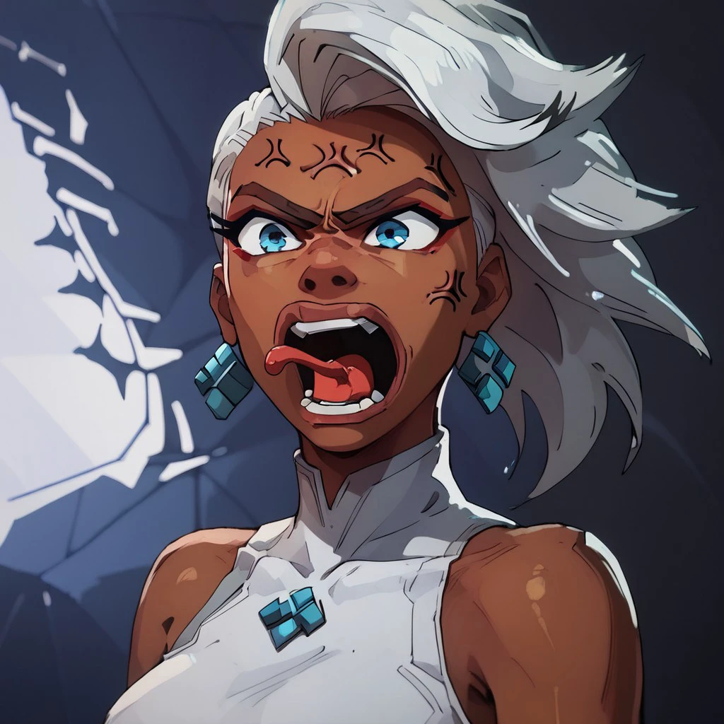 score_9, score_8_up, score_7_up masterpiece, best quality, newest, absurdres, highres, anime, anime style, REEEEEEEEEEEEE-V1.1, angry, scream, tongue, tongue out, open mouth, anger vein,
St0rm, 1girl, dark-skinned female, white hair, blue eyes