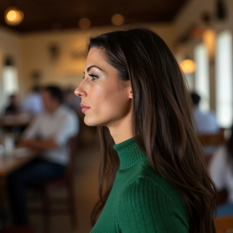 woman side profile, in a busy cafe, wearing green sweater. Capture this image using a high-resolution digital SLR camera with a wide aperture (f/1.8 to f/2.8). Set the ISO between 800-1600 to balance performance with minimal noise. Focus on ultra-sharp facial details, rendering each pore, fine tan lines, and subtle skin variation with meticulous precision. Capture individual strands of hair with distinct clarity, including flyaways and the subtle sheen of her gloss. Render the eyes with exceptional detail, showcasing the reflection of light, and the moisture on the surface.