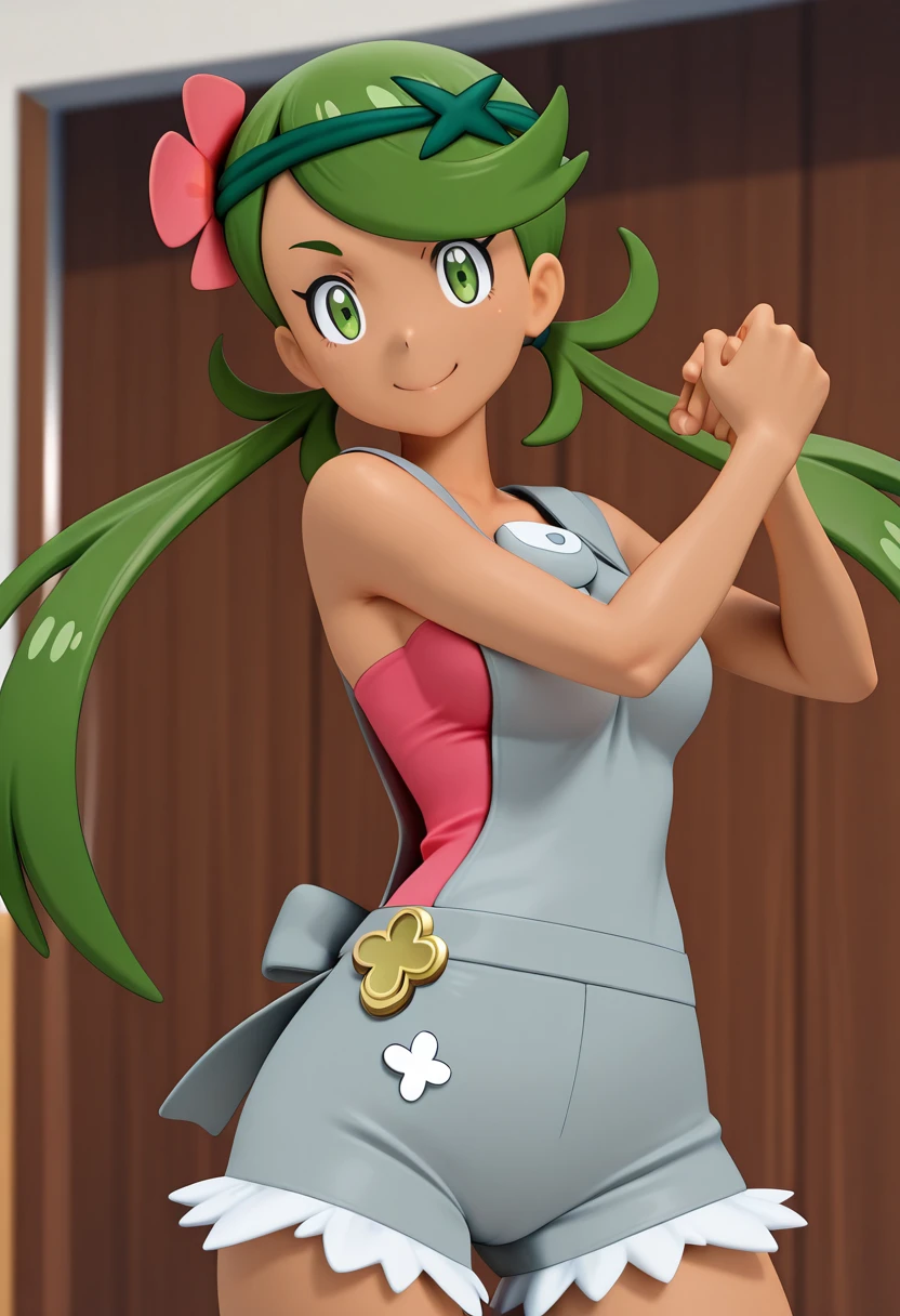 masterpiece, best quality, medium breasts, (curvy), BREAK, zzMallow, green hair, green eyes, hair flower, hair ornament, grey overalls, pink shirt, sleeveless, grey shorts, <lora:MallowPokemonIXL_e09:1.0>,smile, looking at viewer, cowboy shot, dynamic pose, wind, <lora:Anime3D33_IXL:1.0>,