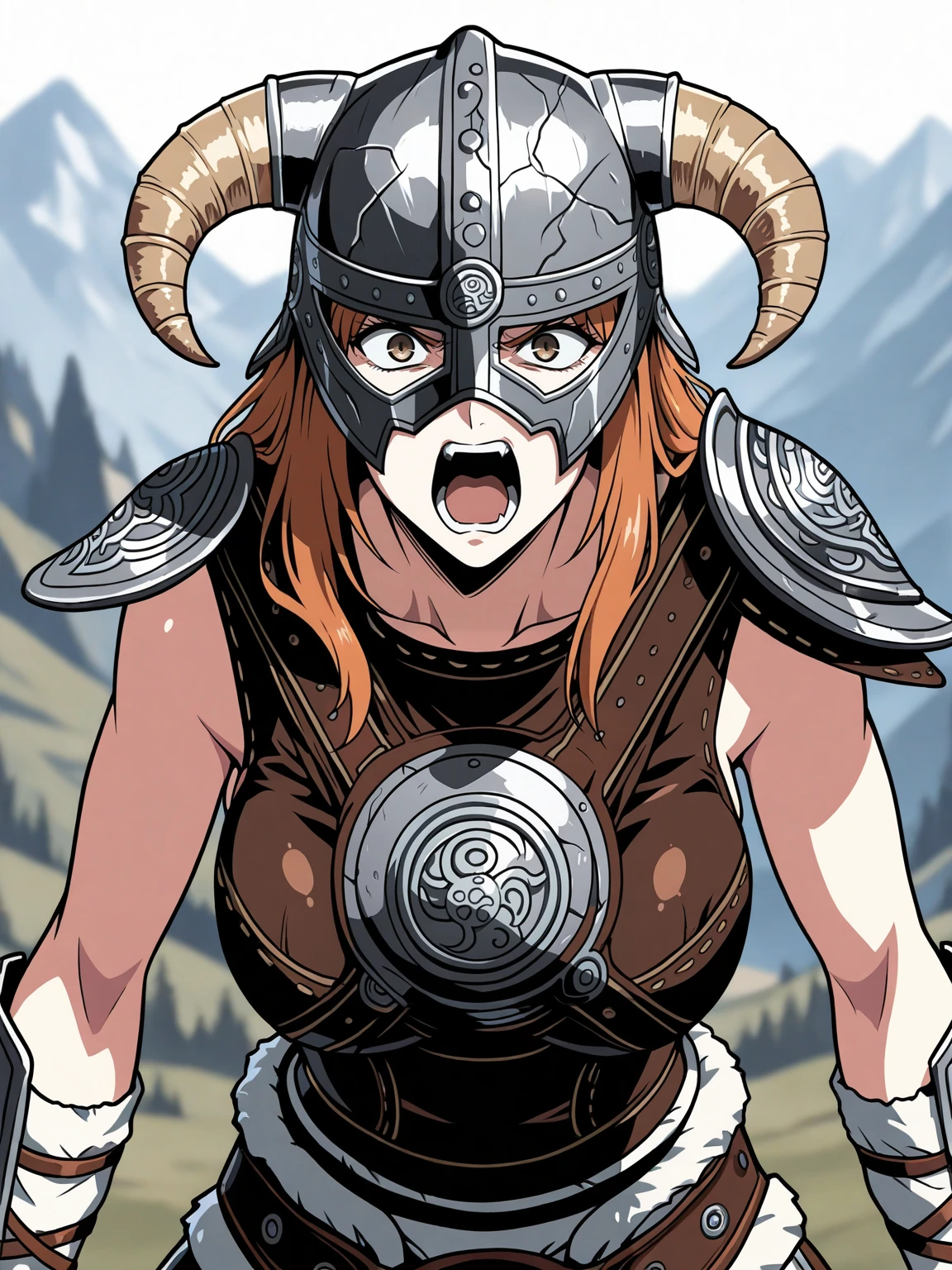 Masterpiece,best quality, vector art,
edgFusRoDah_armor,horned helmet, 1girl,solo,large breasts, wearing edgFusRoDah_armor, open mouth, scream, serious, frowning, blurry background, mountains, shouting
<lora:edgFusRoDahILS:1>
