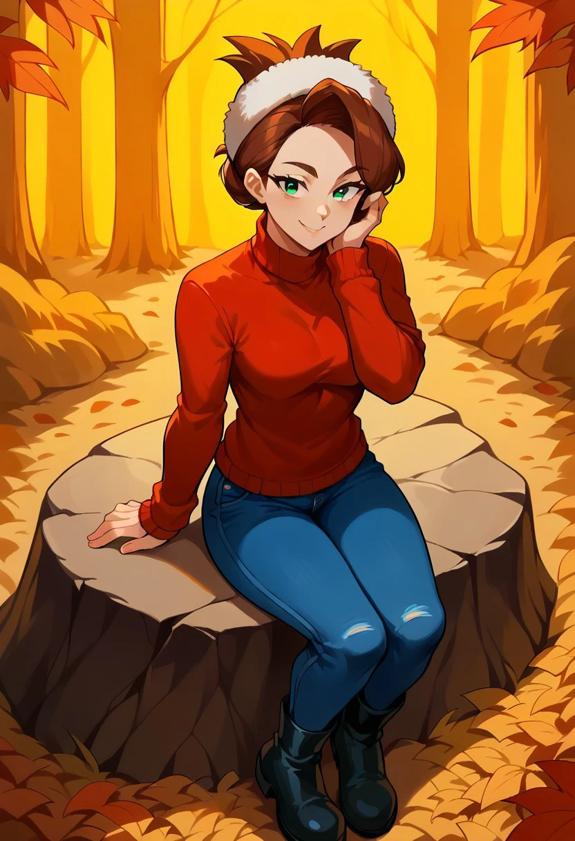 score_9, score_8_up, score_7_up, score_6_up, score_5_up, score_4_up, 1girl, solo, dtamer, brown hair, hair bun, green eyes, black sweater, fur hat, ankle boots, boots, forest, warm illumination, autumn leaves. cinematic lighting, vivid colors, smiling, sitting on a rock, hand on own face, from above, front view, BREAK
1 boy, short brown hair, red sweater, jeans, black boots,
freebos_smoothiestyle