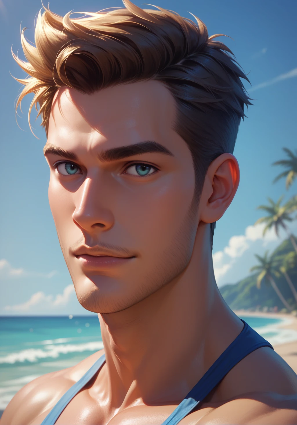 score_9, score_8_up, score_7_up, male model, flirting look, headshot, handsome, detailed, beach atmosphere, looking at viewer