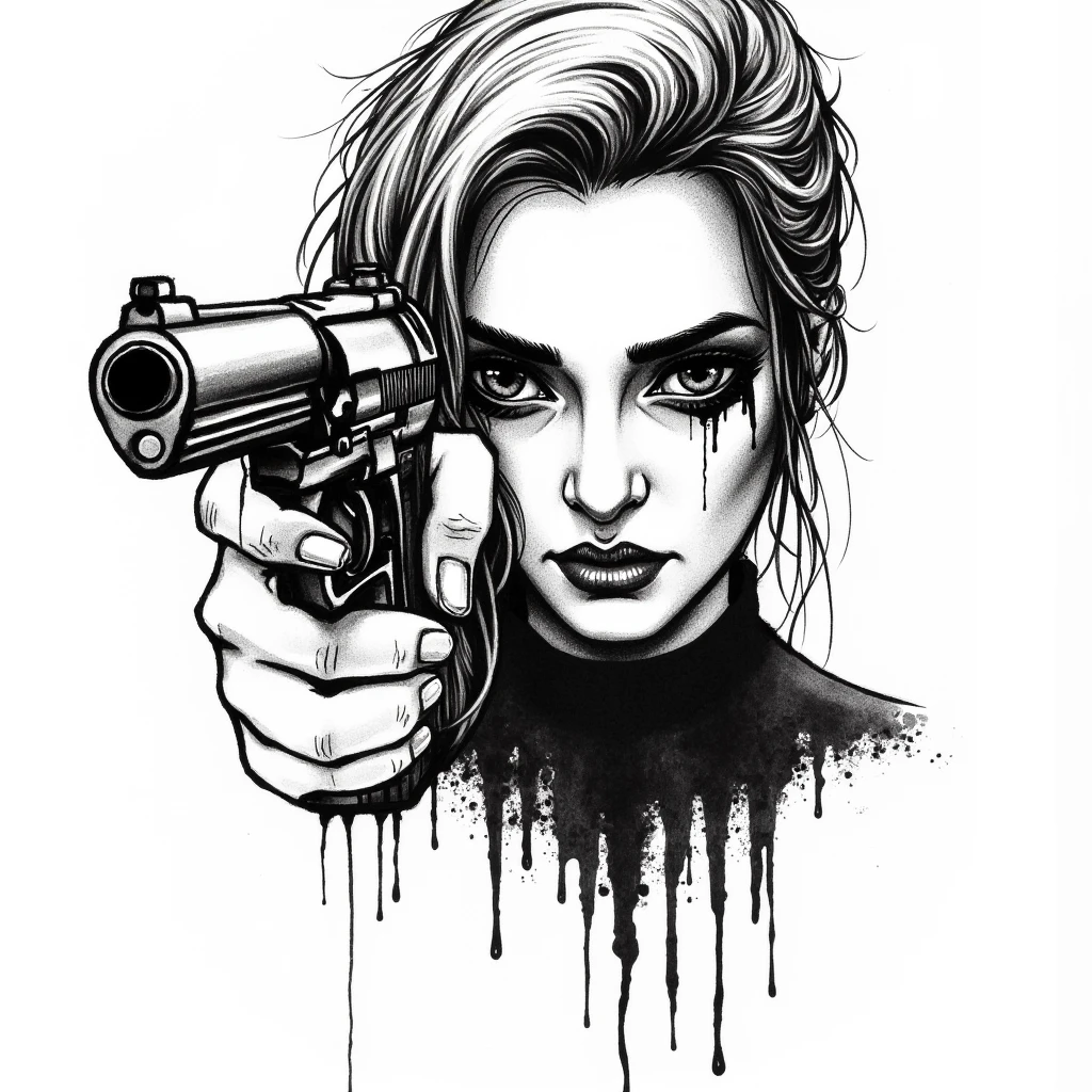 Ink Dripping Drawing of <lora:gun girl with gun style v1:0.5> <lora:gun style v1:0.5>
a woman aiming a revolver at viewers, ink drawing, ink splash, ink wash, dripping ink