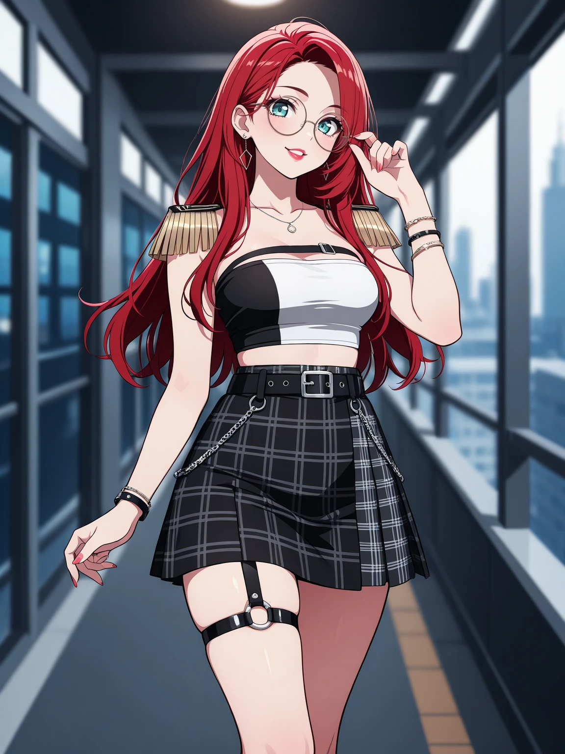 Masterpiece,best quality,vector art,looking at viewer,smile,puffy lips,lipstick,lineart,
1girl, long hair, looking at viewer, skirt, jewelry, red hair, earrings, parted lips, belt, black skirt, blurry, bracelet, plaid, thigh strap, plaid skirt, o-ring, tube top, Urban_Gal_style,with Urban_Gal_hairstyle, epaulettes, round glasses,
<lora:edgAUGILS:1>