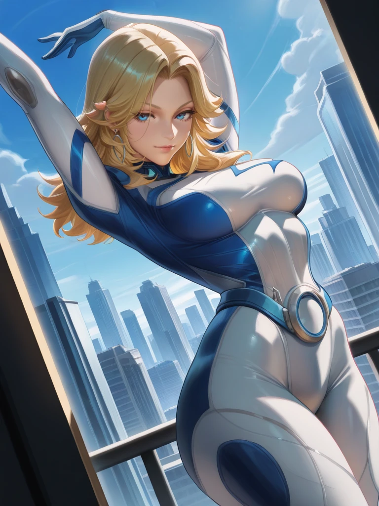 highres, hi res, best quality, masterpiece, intricate details, absurdres, 4k,,, cartoon,
1girl, blonde hair, blue eyes, earrings, bodysuit, gloves, (SueStormXL:1.1).
dynamic pose, cowboy shot, looking at away, sexy pose, city, looking at viewer, arms up, light smile, dutch angle, from side,,
<lora:ASueStorm_character-12:0.8> <lora:Sakimichan_Illustrious:0.8> sk1m1ill,