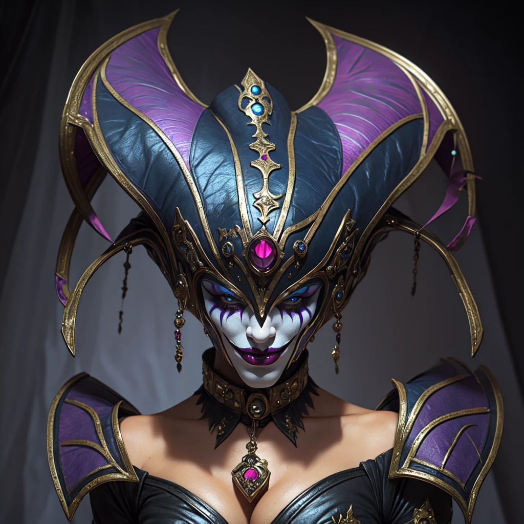 <lora:Crimson_Luminary:1> ArsMJStyle, Crimson Luminary, The image shows a woman wearing a jester's hat and a purple and black outfit with a dark background. She is wearing a costume inspired by the character Harley Quinn from the video game League of Legends., 1girl, solo, high collar, hat, makeup, looking at viewer, facepaint, jester cap, smile, lipstick