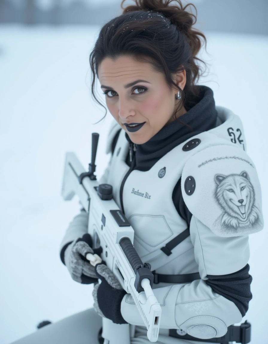8k hdr. <lora:julialouisdreyfusflux1a-000001:1> Her hair is styled in a neat, elegant updo with a few loose strands framing her face. She has a light complexion she is a kneeling in the snow while wearing a space marine wearing matte black lip color is wearing white winter camouflage body armor with the left shoulder armor is shaped like a wolf's head. She is holding a futuristic white laser gun in her hands, walking in a snowstorm on an icy, snowy plain, thick snow falling, snow settling on their hair and armor, cowboy shot, Her face shows determination, High Detail, Perfect Composition, dramatic lighting, high contrast
