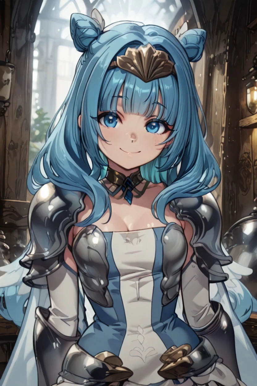 masterpiece, best quality, solo, curvy, beautiful eyes, zzSylphy, blue eyes, blue hair, long hair, blunt bangs, double bun, hair intakes, armor, shoulder armor, pauldrons, hair bun, breastplate, dress, <lora:SylphyMobKaraIXL:1.0>, upper body, smile, looking at viewer, shiny skin,
