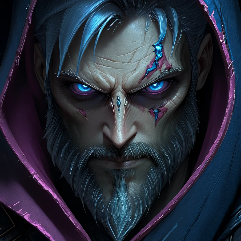 <lora:Crimson_LuminarySDXL:1> ArsMJStyle, Crimson Luminary, The image shows an animated man with blue eyes and a beard wearing a red hoodie set against a dark background. He appears to be a character from the game Diablo III Reaper of Souls as indicated by the title of the image "Darksiders II Deathinitive Edition"., 1boy, solo, male focus, facial hair, beard, realistic, looking at viewer, hood, scar, portrait