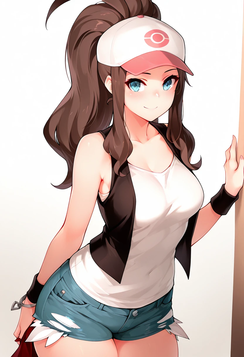 masterpiece, best quality, medium breasts, (curvy), BREAK, zzHilda, blue eyes, long hair, high ponytail, sidelocks, hat, collarbone, white shirt, black vest, sleeveless, wristband, short shorts, denim shorts, exposed pocket, <lora:HildaPokemonIXL_e08:1.0>,smile, looking at viewer, cowboy shot, <lora:RicegnatStyleIXL:1.0>,