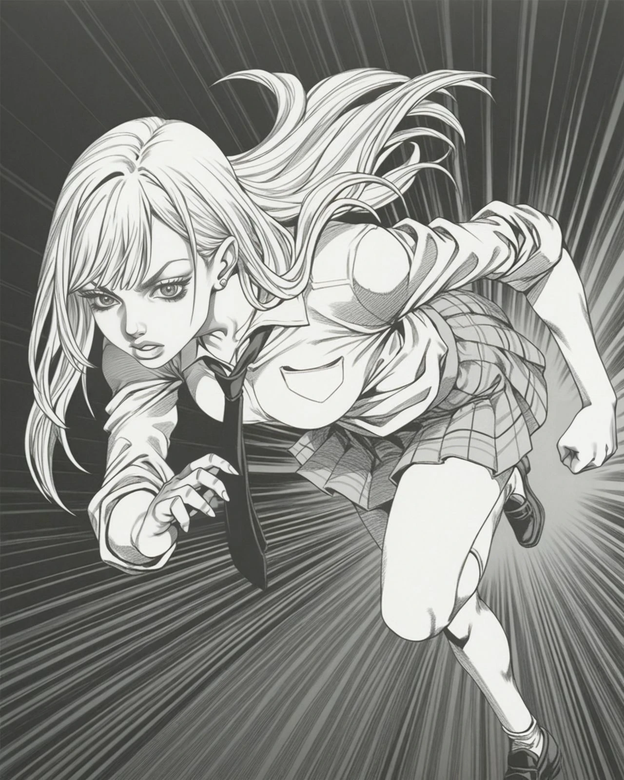 masterpiece, monochrome, greyscale, traditional media, <lora:STEELBALLRUN_illustrious_v1-000010:1>
1girl, kitagawa marin, school uniform, dynamic pose,