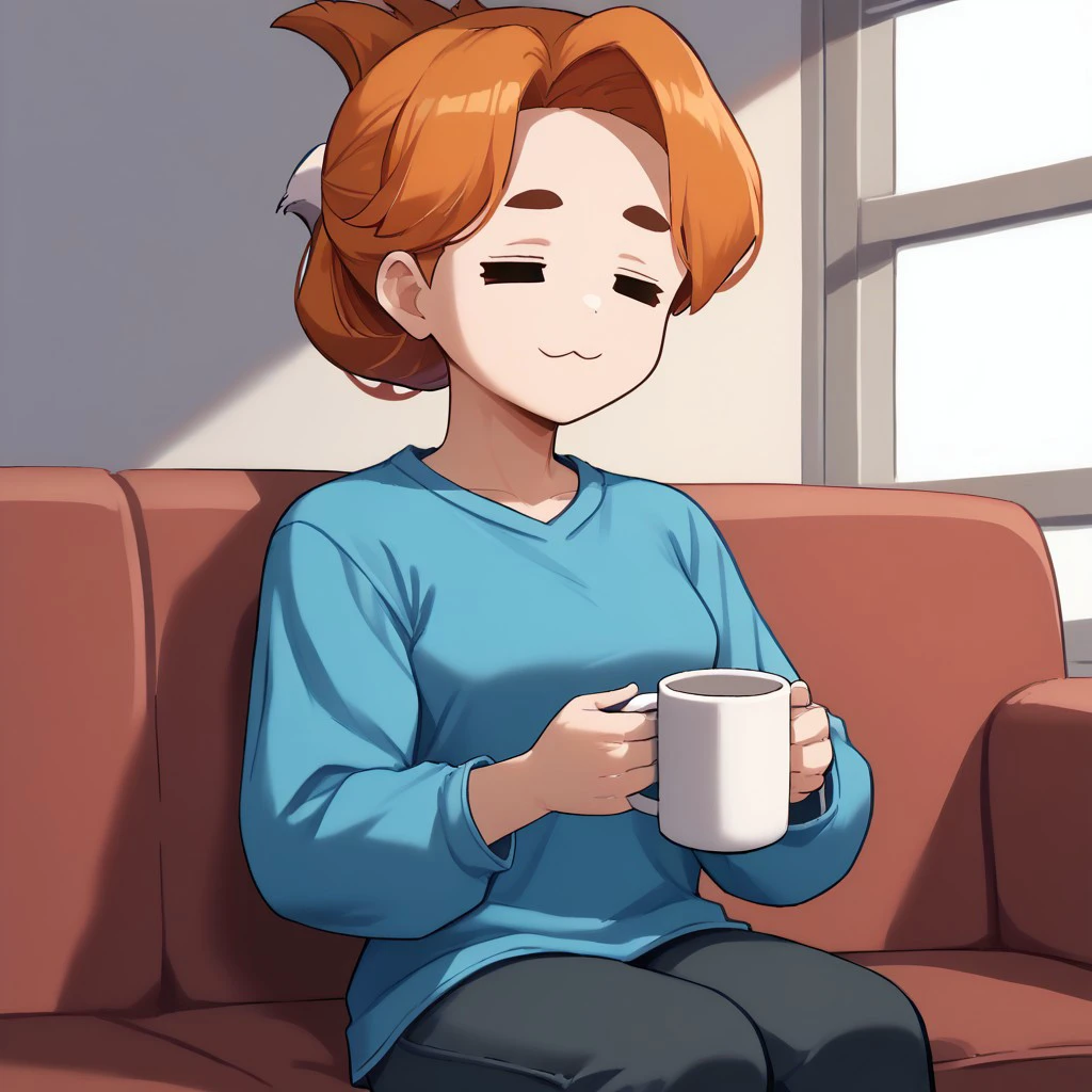 1girl, solo, dtamer, blond hair, hair bun, green eyes, absurdres, 4kres, score_7_and_higher, masterpiece, high quality, good eyes, good hands, freebos_smoothiestyle, baggy blue sweatshirt, black pants, =w=, :3, = =, eyes closed, holding blanket, sitting on couch, indoors, holding mug