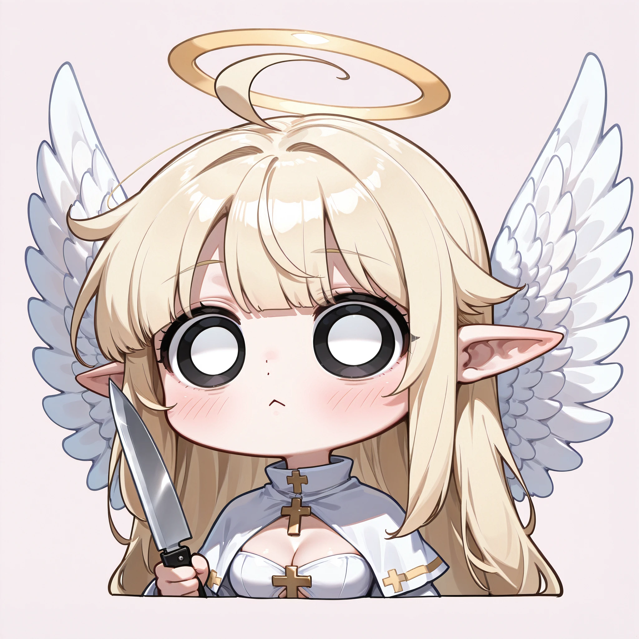 ((white_background, headshot_portrait, (solo_focus, 1girl, solo), 1girl, solo, long_hair, breasts, blush, looking_at_viewer, bangs, blonde_hair, dress, cleavage, medium_breasts, closed_mouth, ahoge, wings, pointy_ears, chibi, black_eyes, capelet, swept_bangs, expressionless, cleavage_cutout, cross, knife, :<, halo, feathered_wings, portrait, o_o, empty_eyes, angel_wings, wide-eyed, angel, fairy_wings, white_wings, 0_0, holding_knife, no_pupils, white_eyes, huge_ahoge, white_capelet, blank_eyes, solid_circle_eyes))