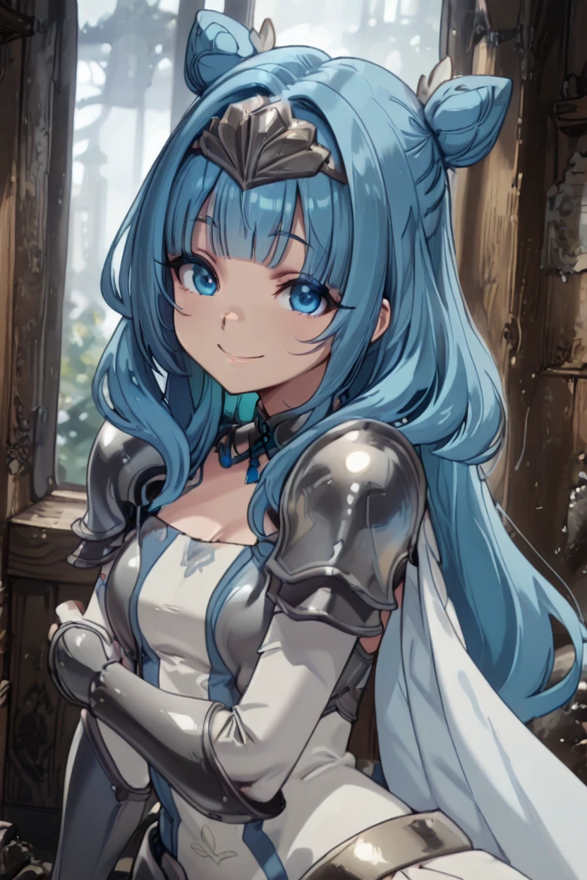 masterpiece, best quality, solo, curvy, beautiful eyes, zzSylphy, blue eyes, blue hair, long hair, blunt bangs, double bun, hair intakes, armor, shoulder armor, pauldrons, hair bun, breastplate, dress, <lora:SylphyMobKaraIXL:1.0>, upper body, side view, smile, looking at viewer, shiny skin,